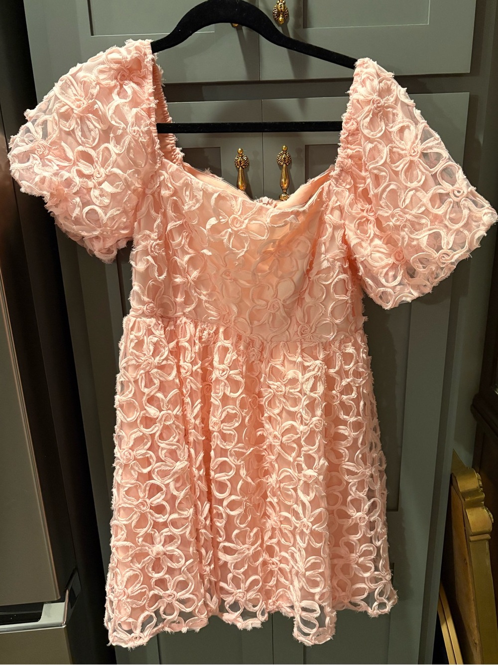 She + Sky Collection pink dress features puff sleeves and 3D flower mesh